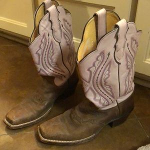 Pink & Brown Leather Square Toe Cowboy Boots